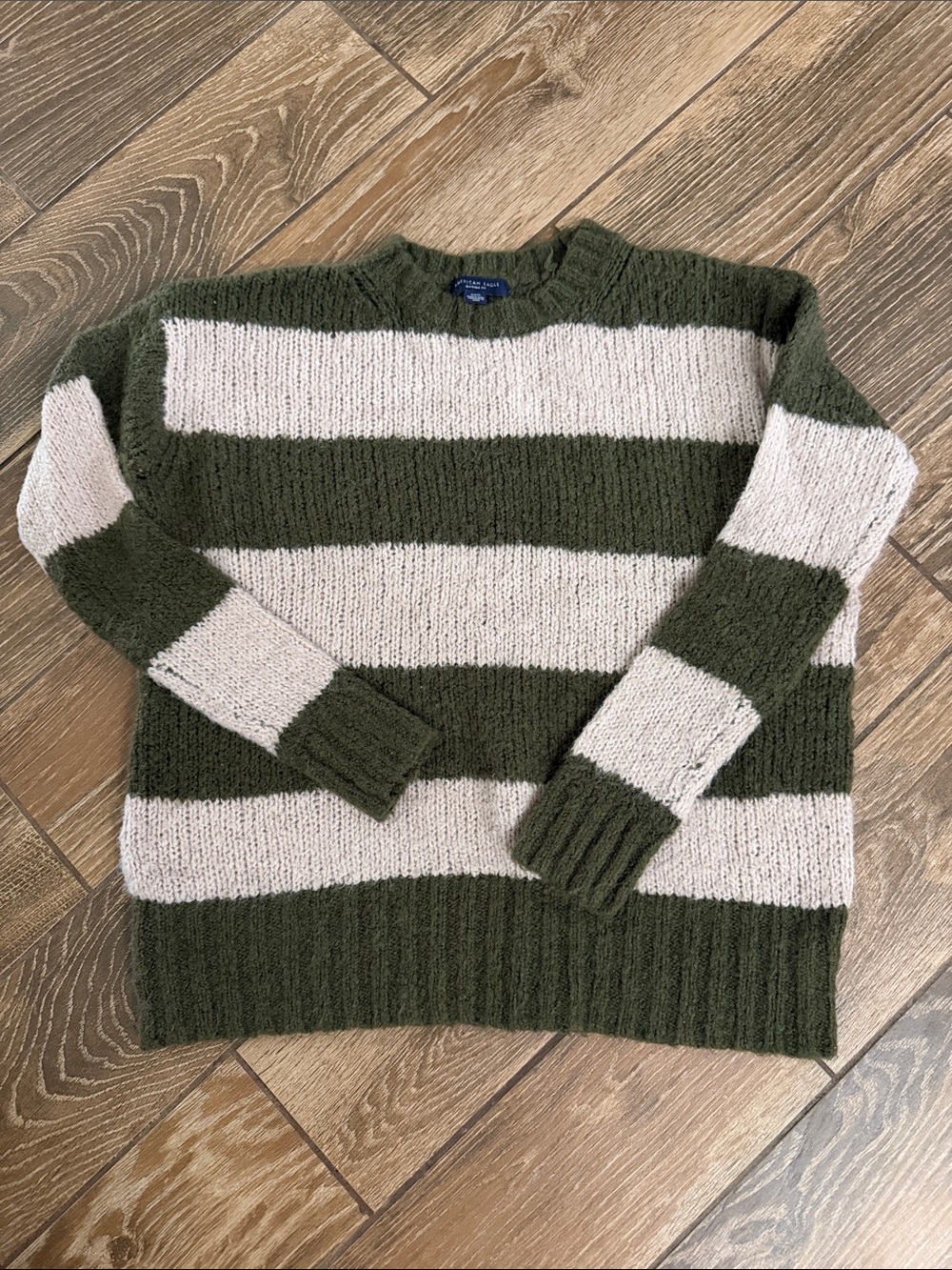 American Eagle Outfitters Olive & Cream Wide-Stripe Crewneck Sweater - Small